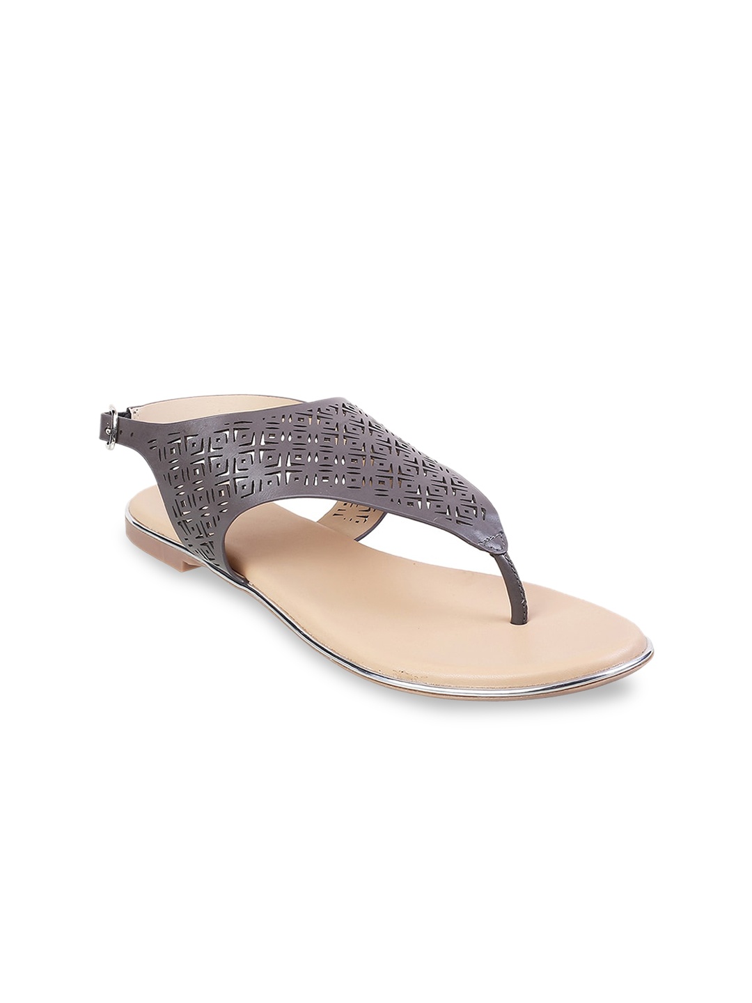 

Mochi Women Grey Textured T-Strap Flats