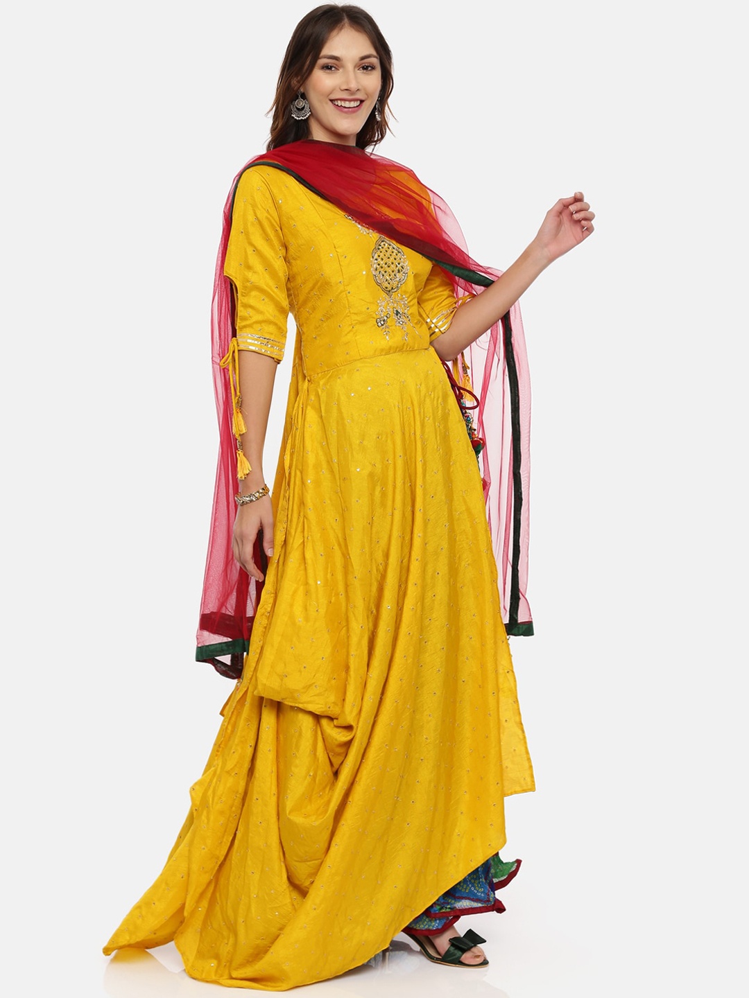 

Neerus Women Yellow Embroidered Kurta with Skirt & Dupatta