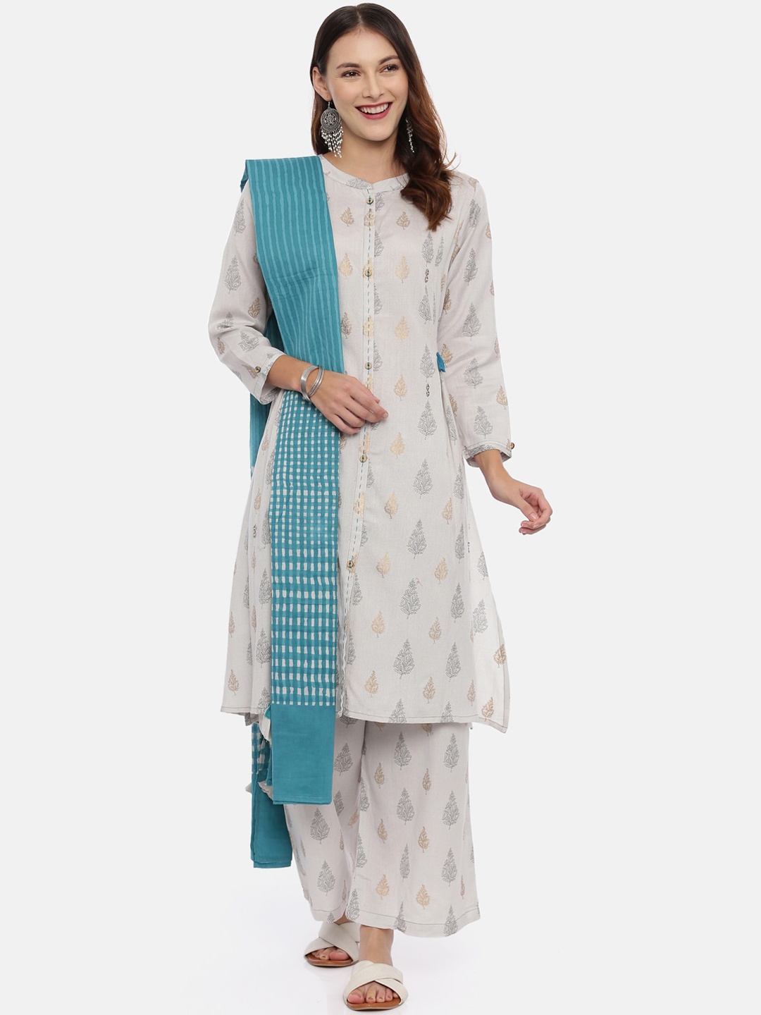 

Neerus Women Grey Printed Kurta with Palazzos & Dupatta