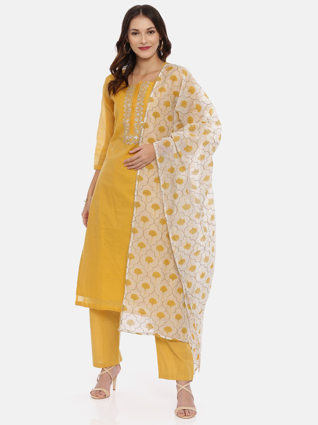 

Neerus Women Mustard Yoke Design Kurta with Trousers & Dupatta