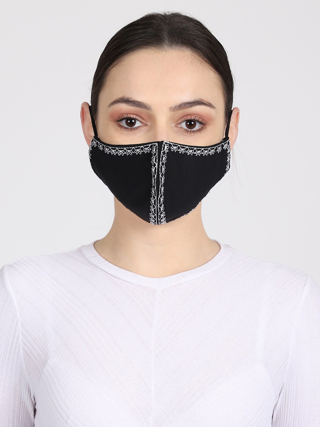 

Anekaant Women Black & White Embroidered 3-Ply Reusable Cloth Mask
