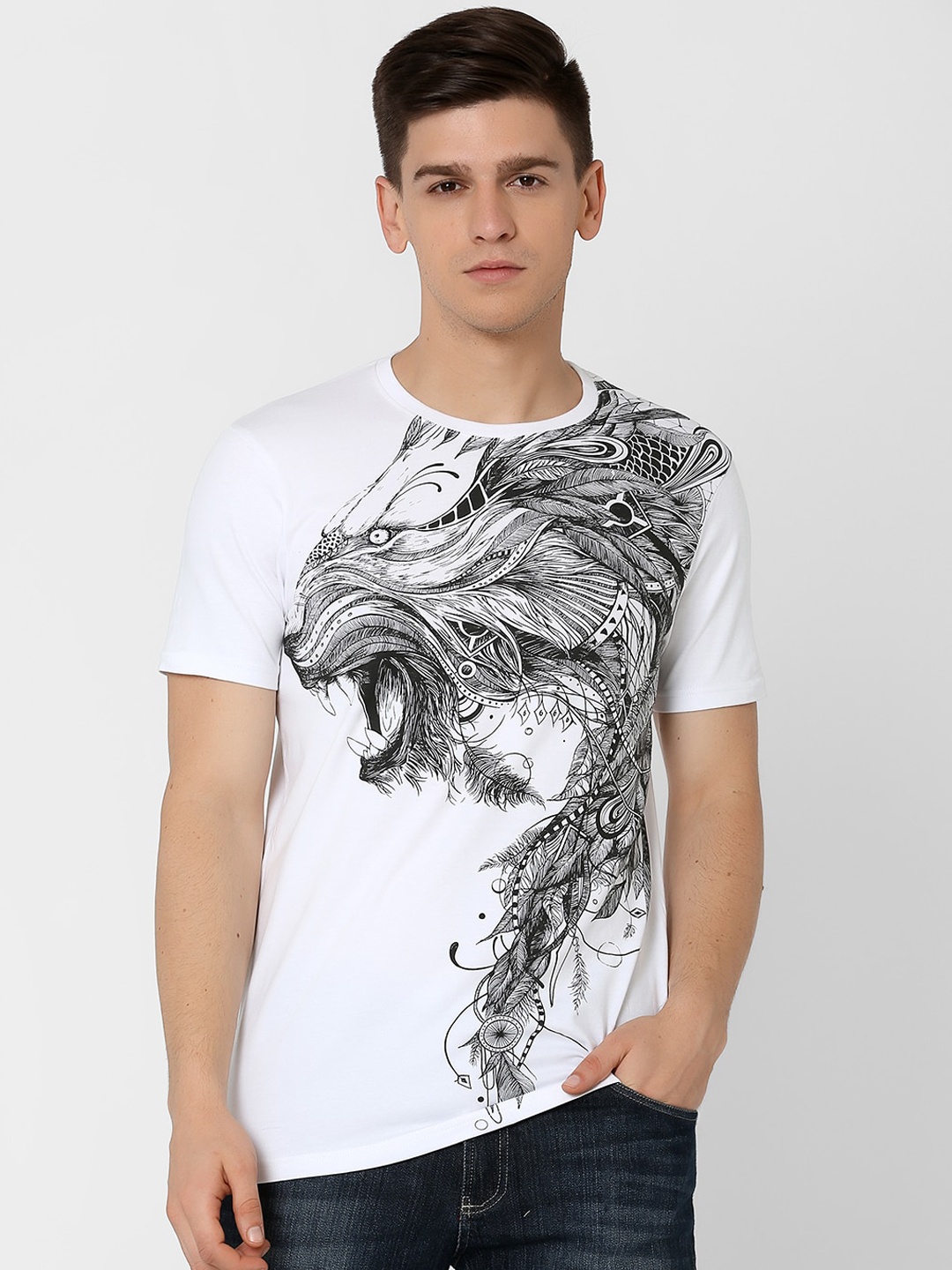 

MARCA Disati Men White Printed Round Neck T-shirt