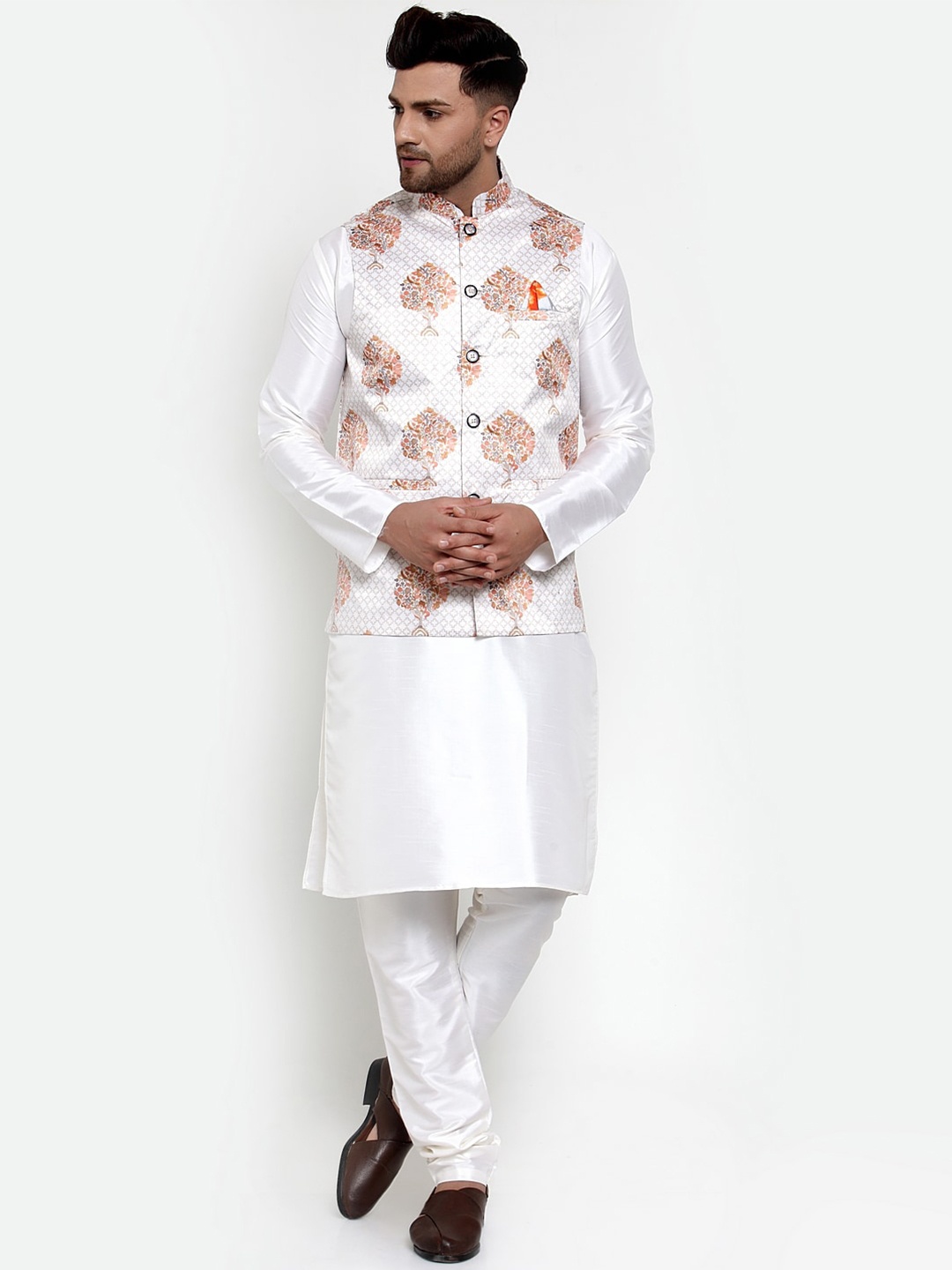 

Jompers Men White Solid Kurta with Pyjamas & Nehru Jacket