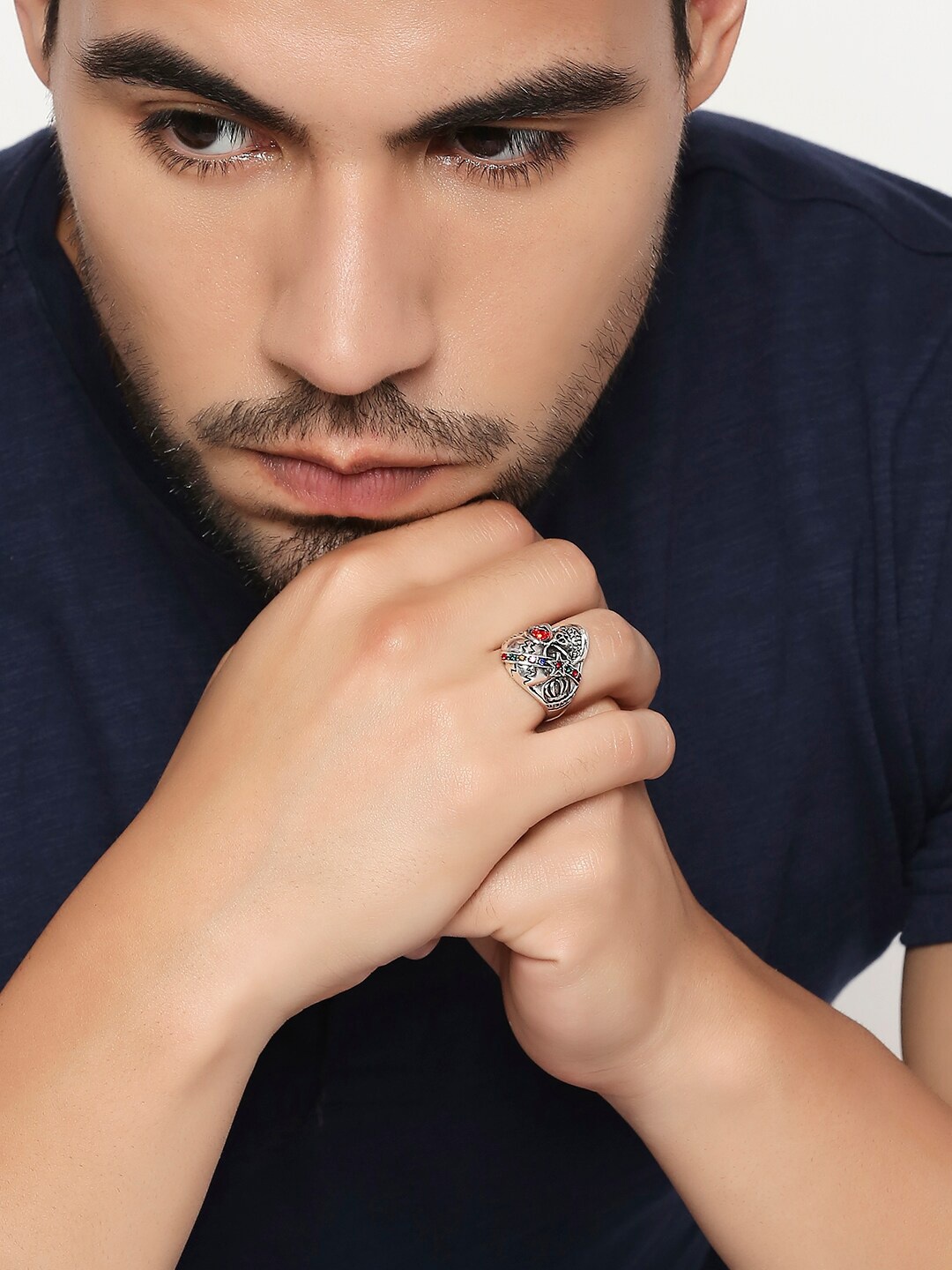 

OOMPH Men Silver Oxidised Zircon Stone Studded Finger Ring