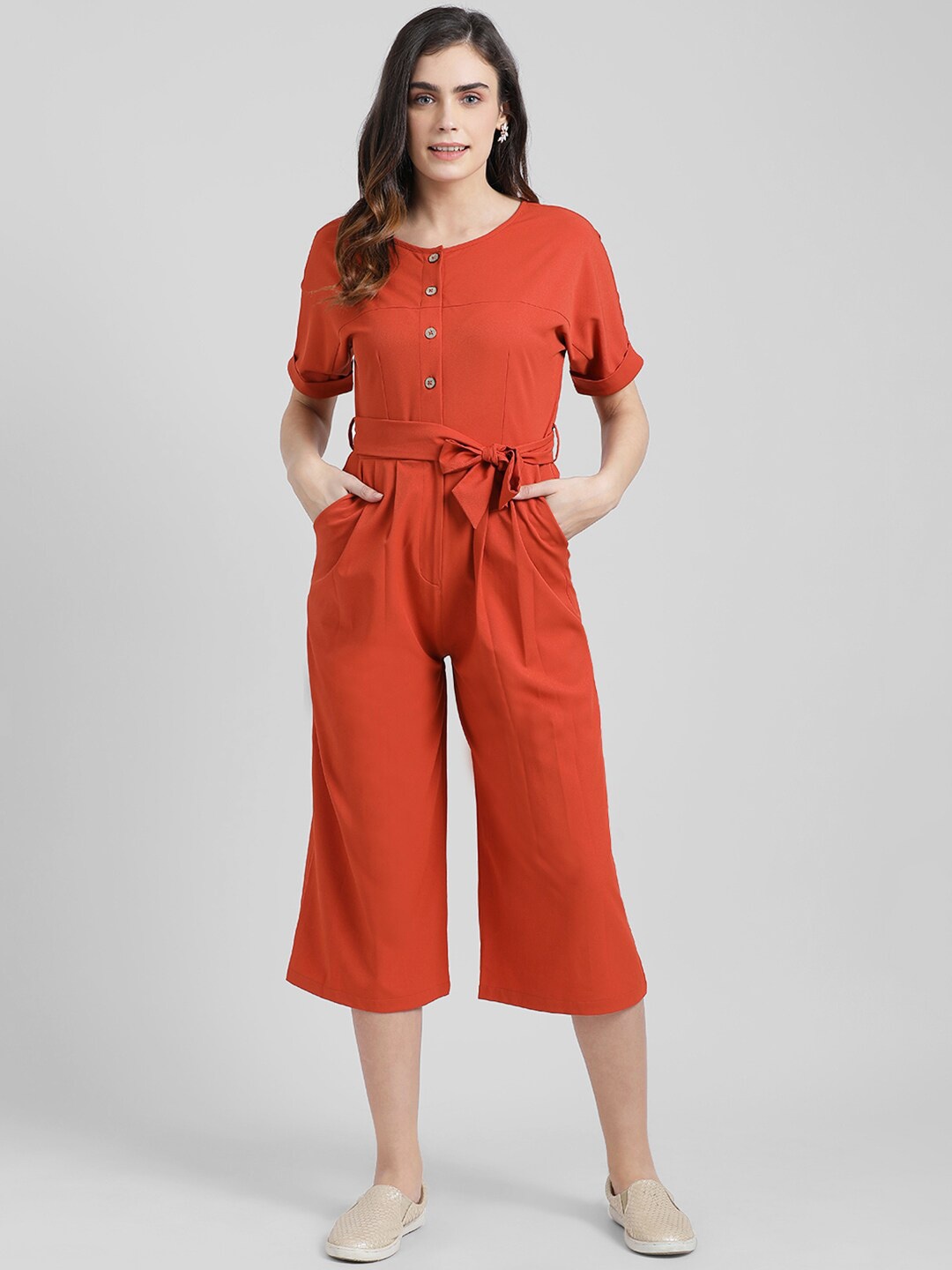 

Zink London Women Rust Orange Solid Basic Jumpsuit