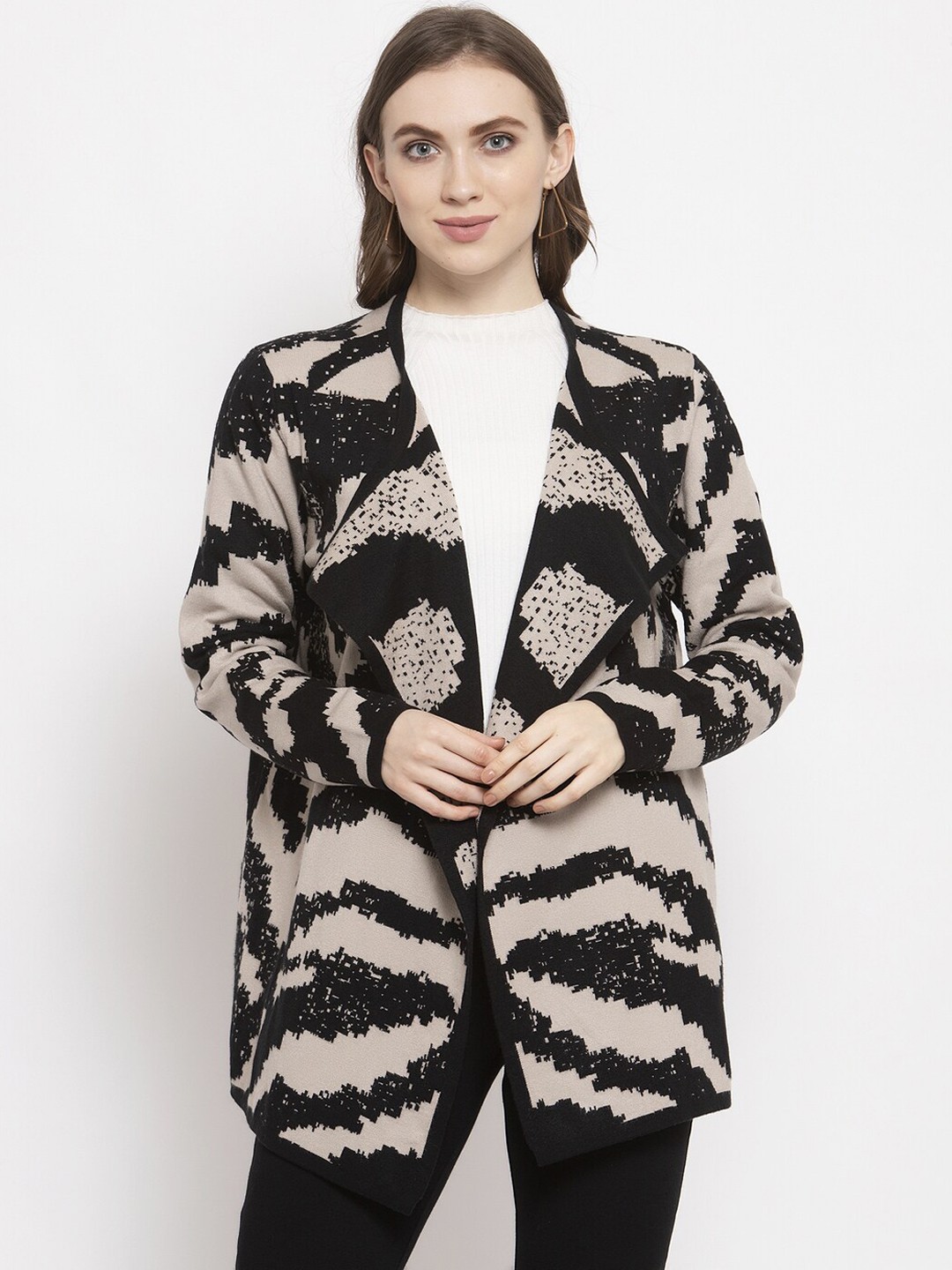 

Gipsy Women Khaki Printed Front-Open Acrylic Sweater