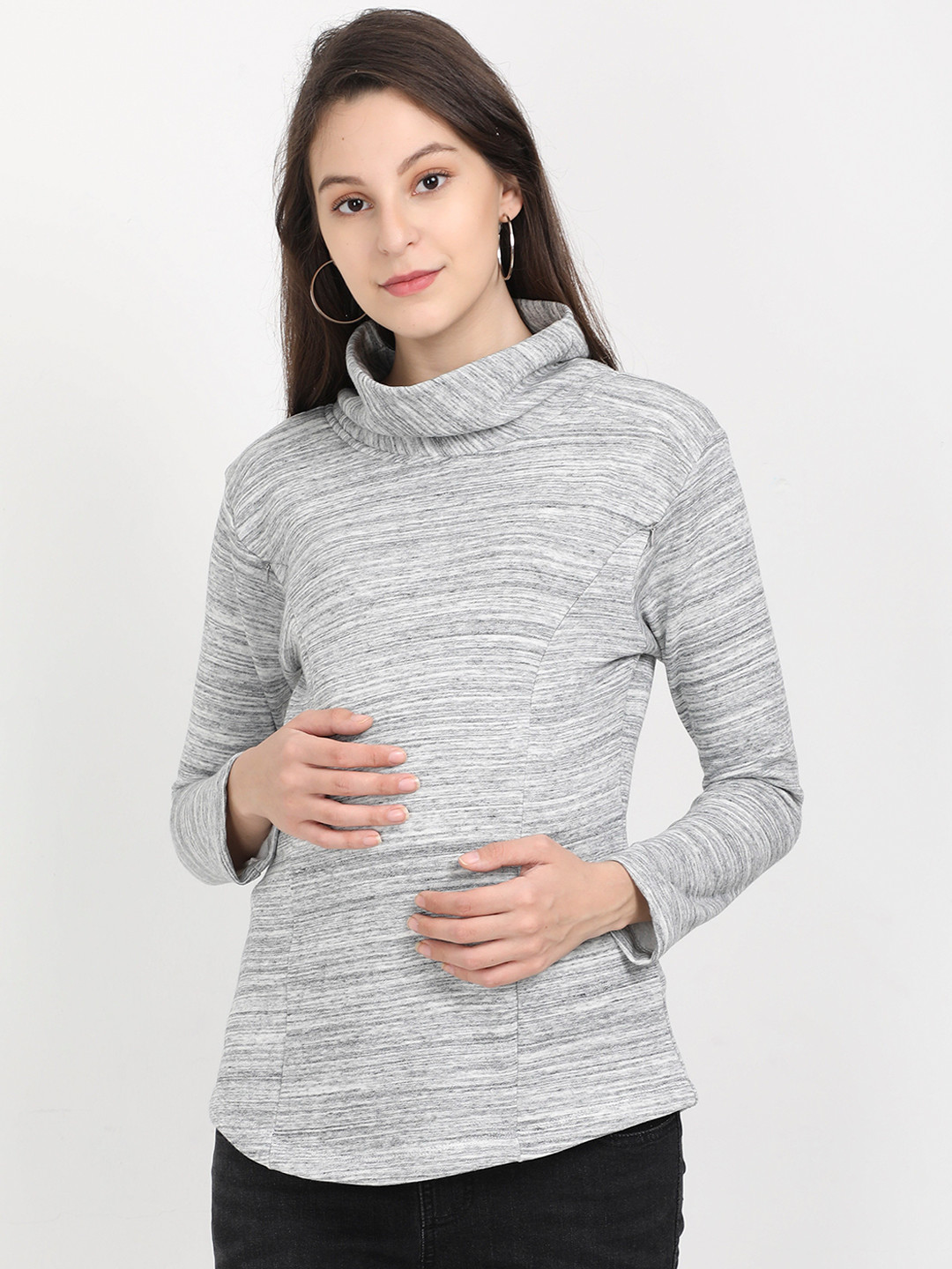 

The Mom Store Women Grey Solid Maternity Winter Pure Cotton Top