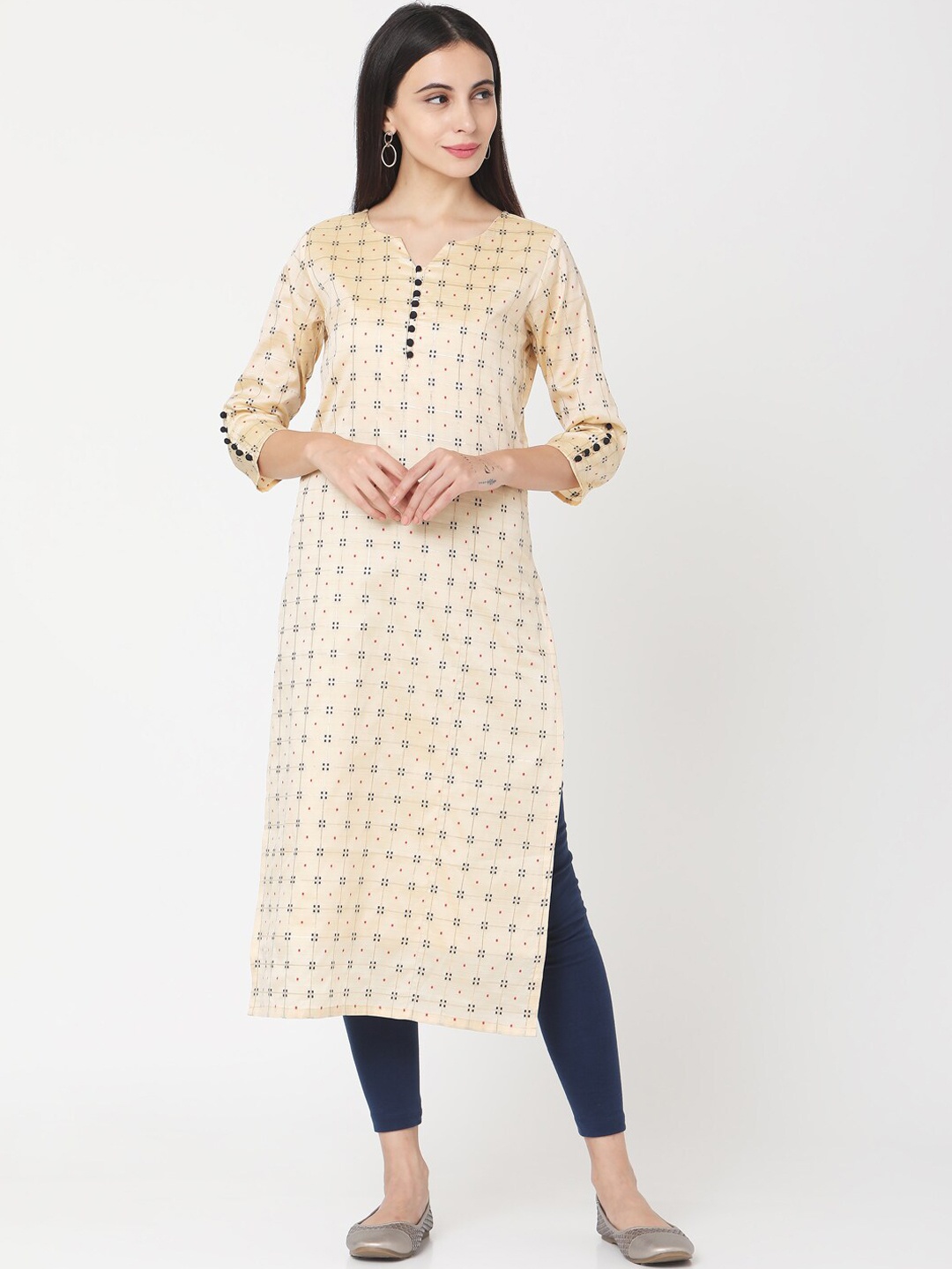 

Saanjh Women Cream-Coloured Printed Straight Kurta