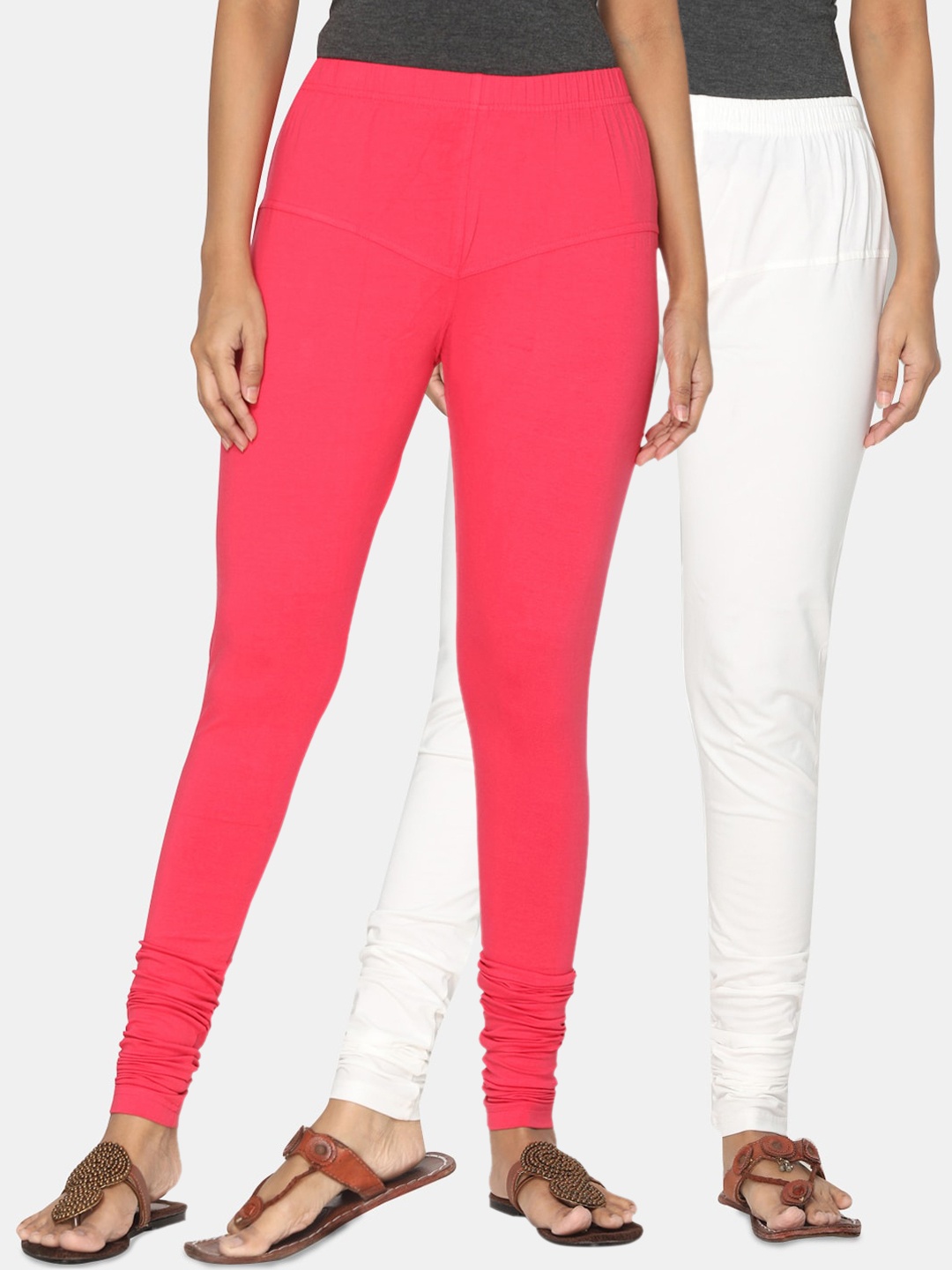 

TSG Bliss Women Pack Of 2 Off-White & Rose Pink Solid Churidar-Length Leggings