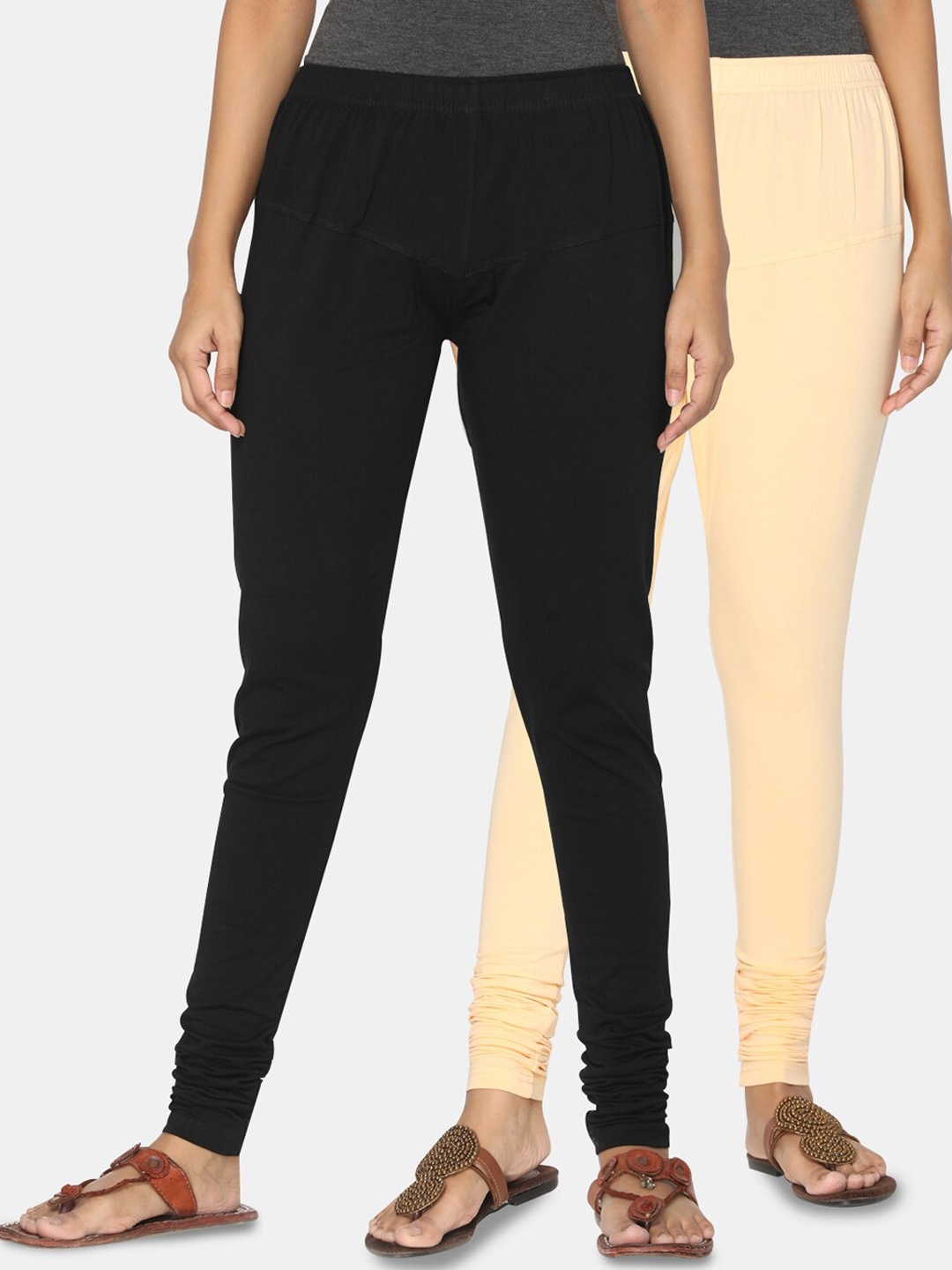 

TSG Bliss Women Pack Of 2 Black & Cream-Colored Solid Churidar-Length leggings