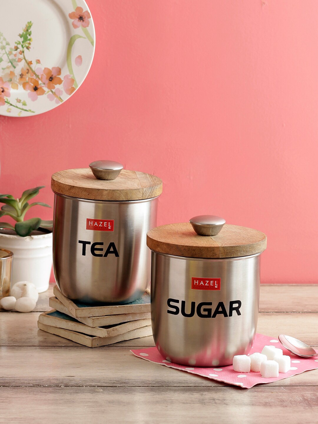 

HAZEL Set Of 2 Silver-Toned & Brown Stainless Steel Tea Sugar Storage Canister With Wooden Lid