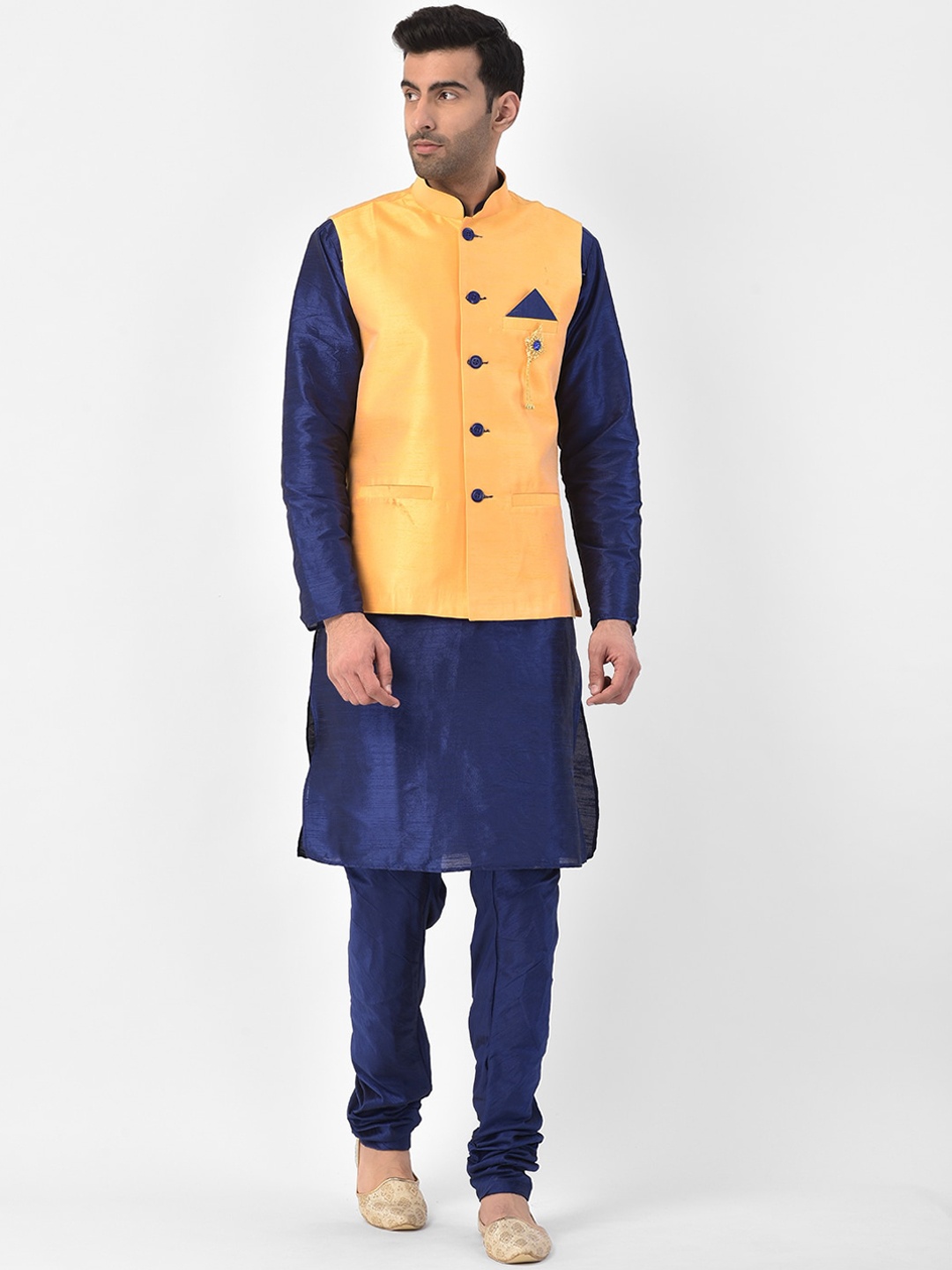 

SG LEMAN Men Blue & Yellow Solid Kurta with Churidar & Nehru Jacket
