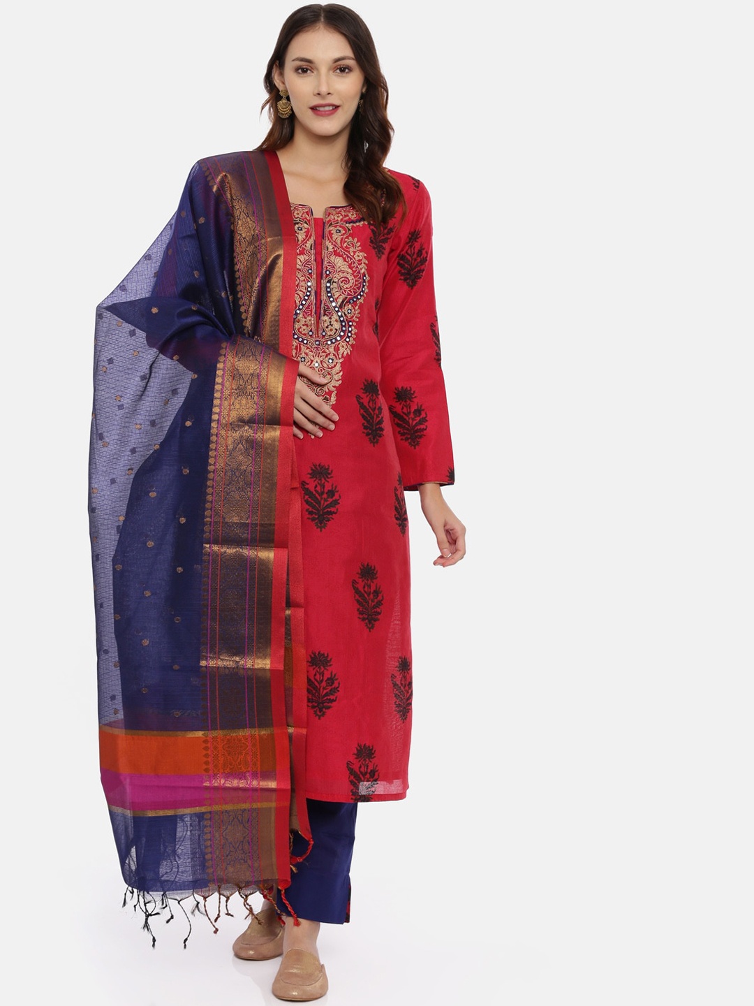 

Neerus Women Coral Printed Kurta with Trousers & Dupatta