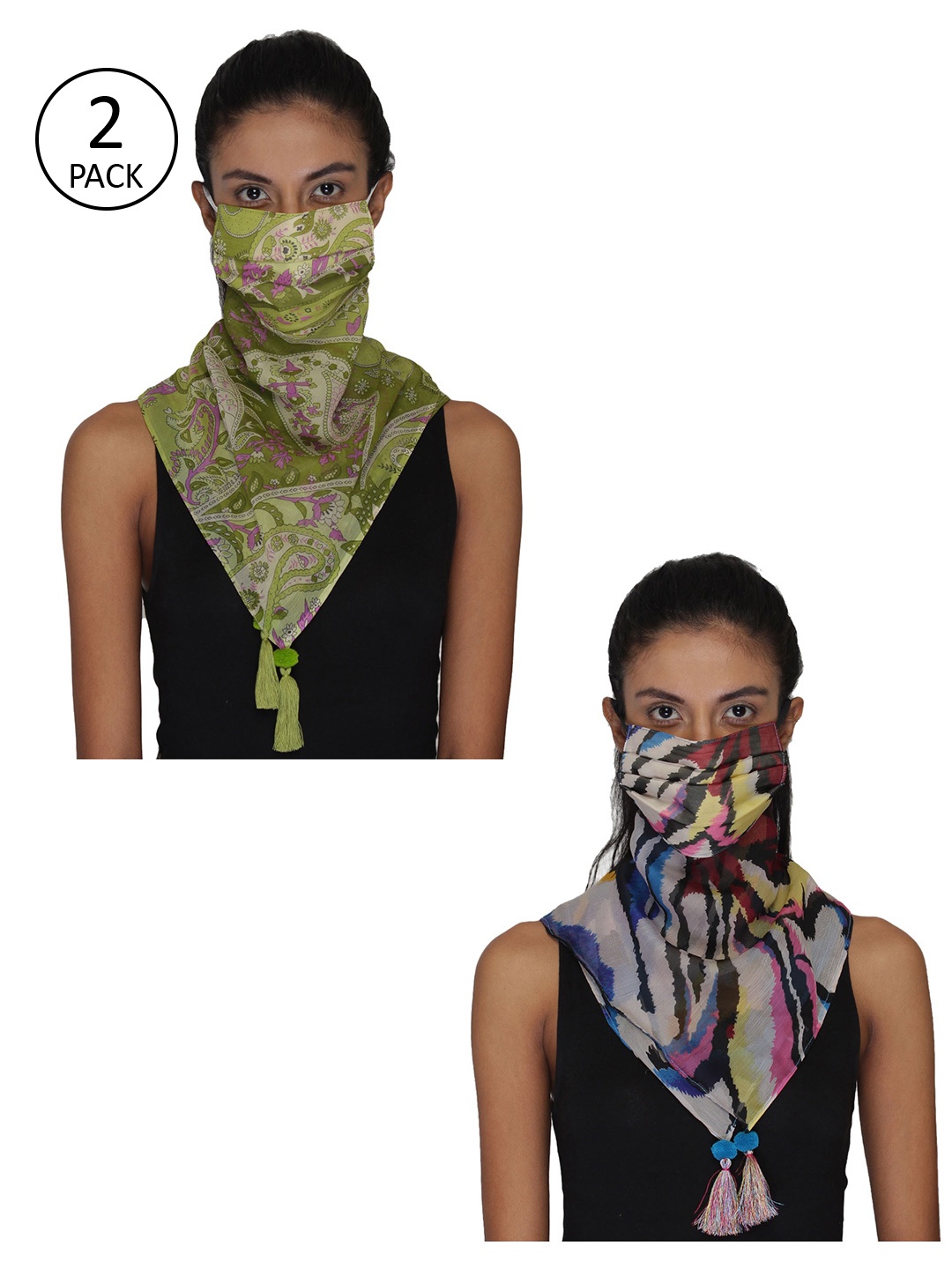 

Anekaant Women Pack Of 2 Printed 3-Ply Reusable Scarf Style Fashion Masks, Green