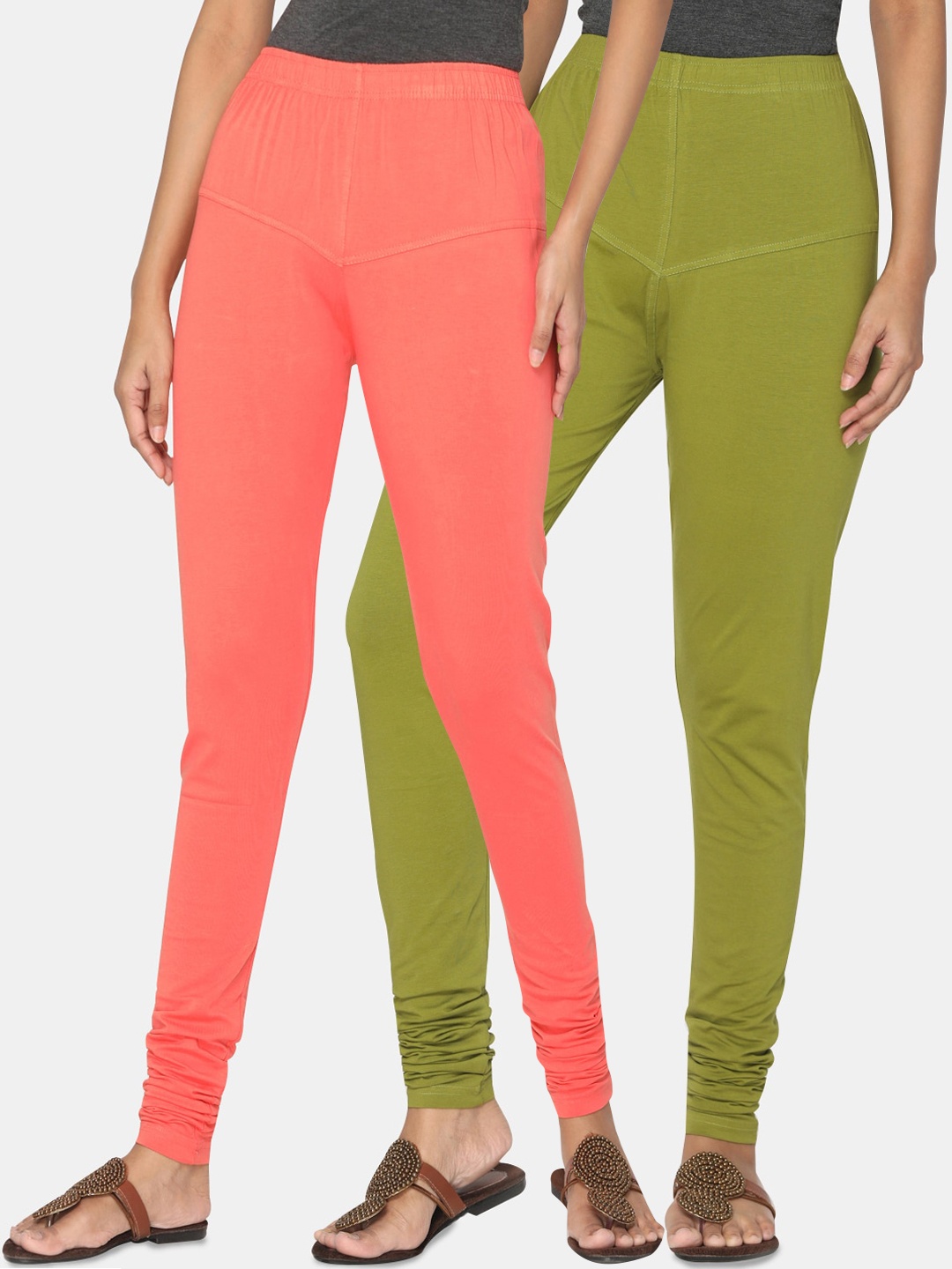 

TSG Bliss Women Pack Of 2 Solid Churidar-Length Leggings, Olive
