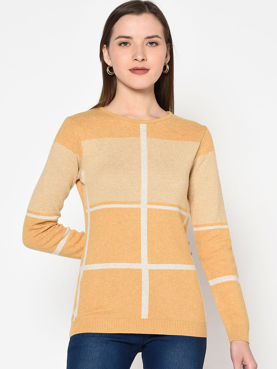 

METTLE Women Yellow & Beige Striped Pullover Sweater