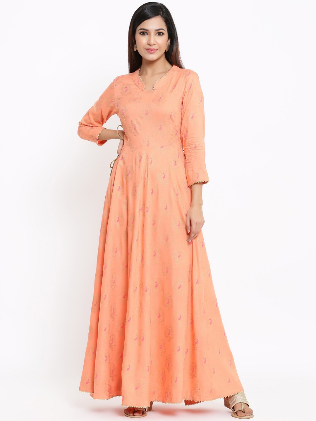 

Indian Virasat Women Peach-Coloured Printed Maxi Ethnic Dress