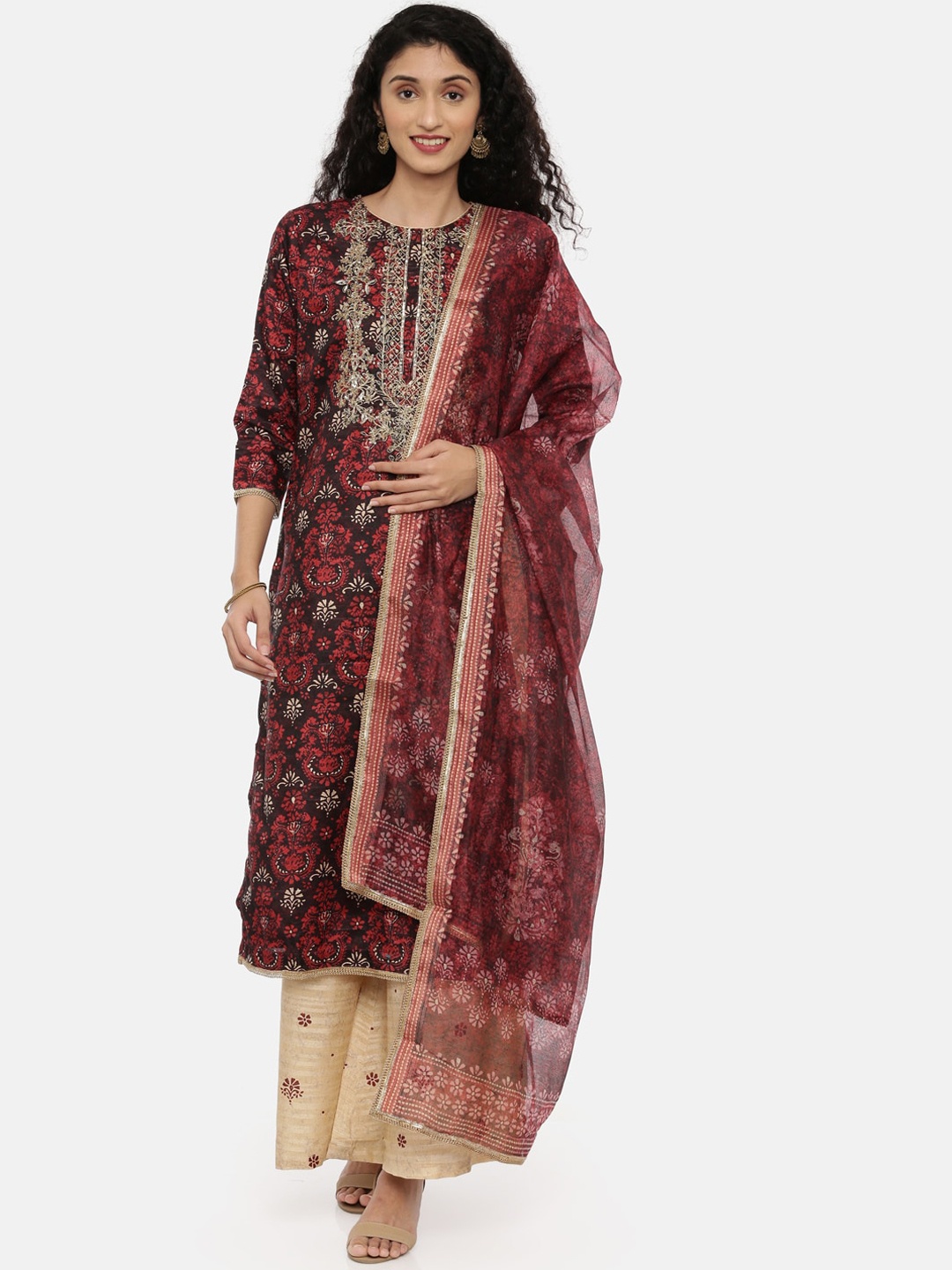 

Neerus Women Maroon Printed Kurta with Palazzos & Dupatta