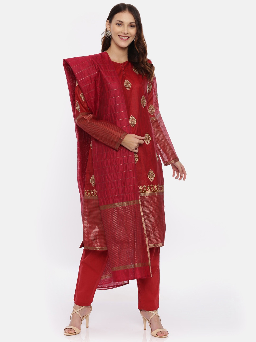 

Neerus Women Red & Gold-Toned Embroidered Kurta with Trousers & Dupatta