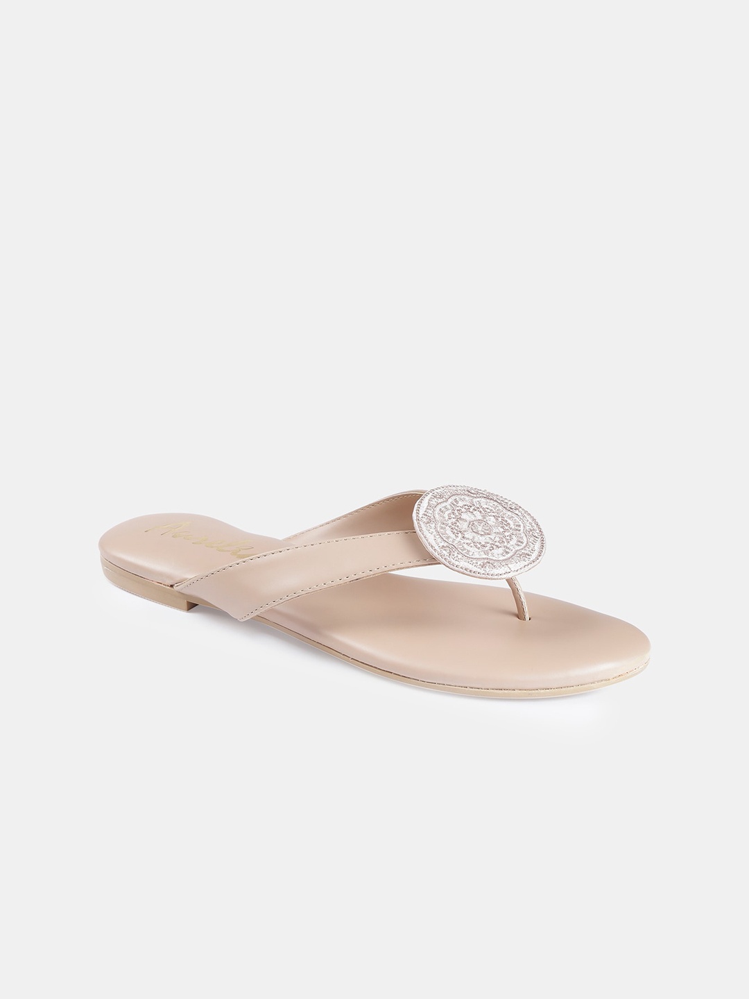 

AURELIA Women Beige Embellished PU Open Toe Flats
