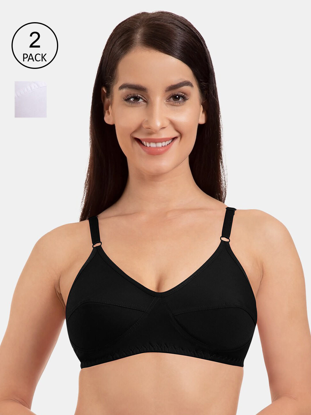 

Tweens Women Pack of 2 Black & White Solid Non-Wired Non-Padded T-Shirt Bra