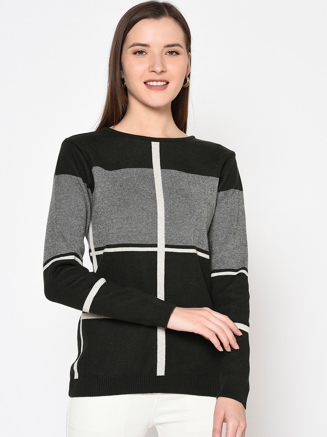 

METTLE Women Green & White Checked Knitted Pullover
