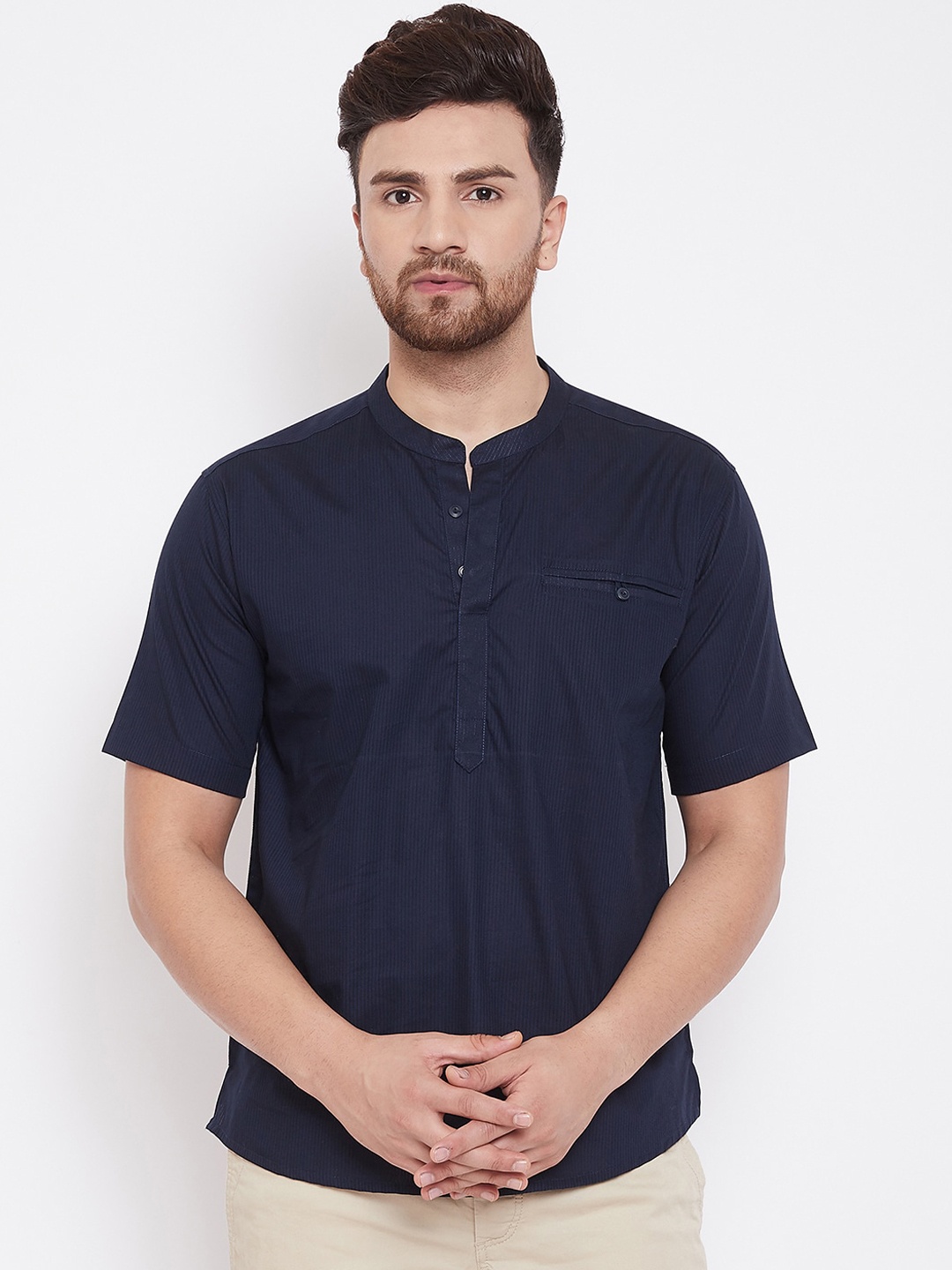 

even Men Navy Blue Regular Fit Striped Casual Shirt