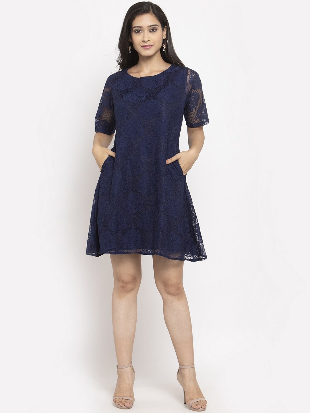

Just Wow Women Navy Blue Self Design A-Line Dress