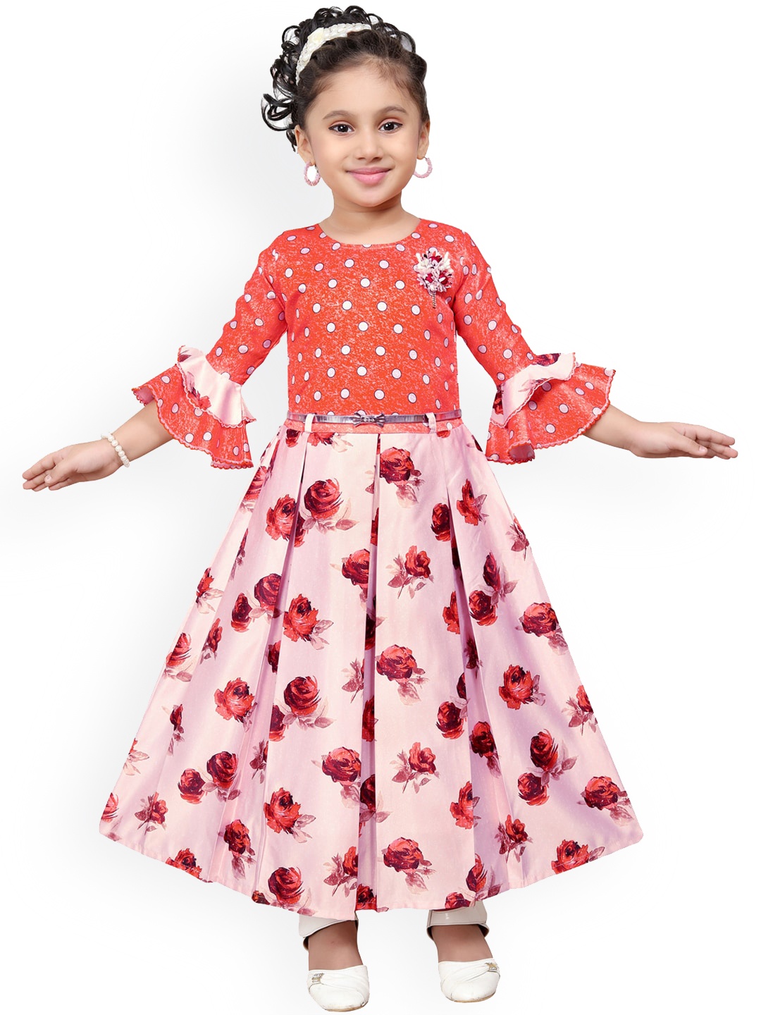 Wish Karo Girls Orange Printed Fit and Flare Dress