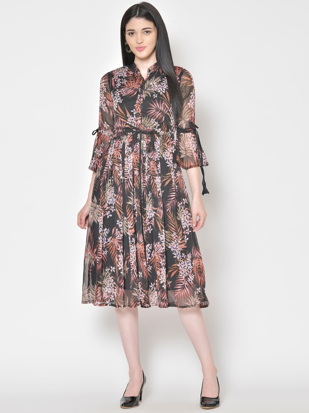 

Cation Women Black & Pink Printed Fit and Flare Dress