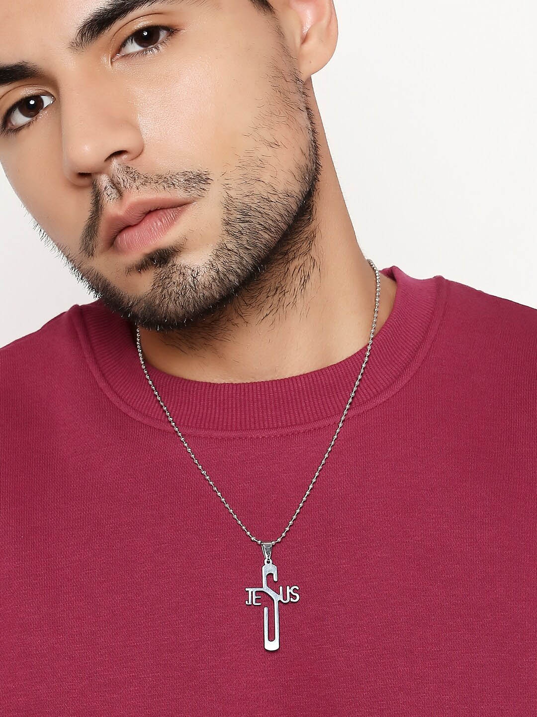 

OOMPH Men Stainless Steel Silver-Toned Jesus Shaped Pendant With Chain