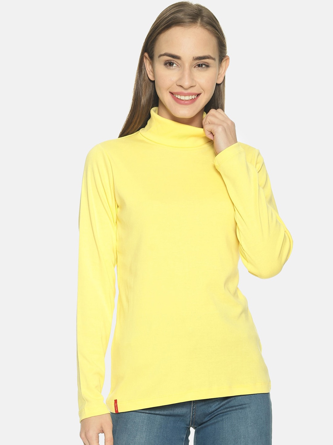 FEMEA Women Yellow Solid Pure Cotton Top