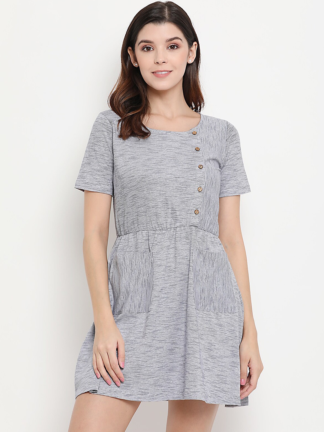 

THREAD MUSTER Women Grey Striped Fit and Flare Dress