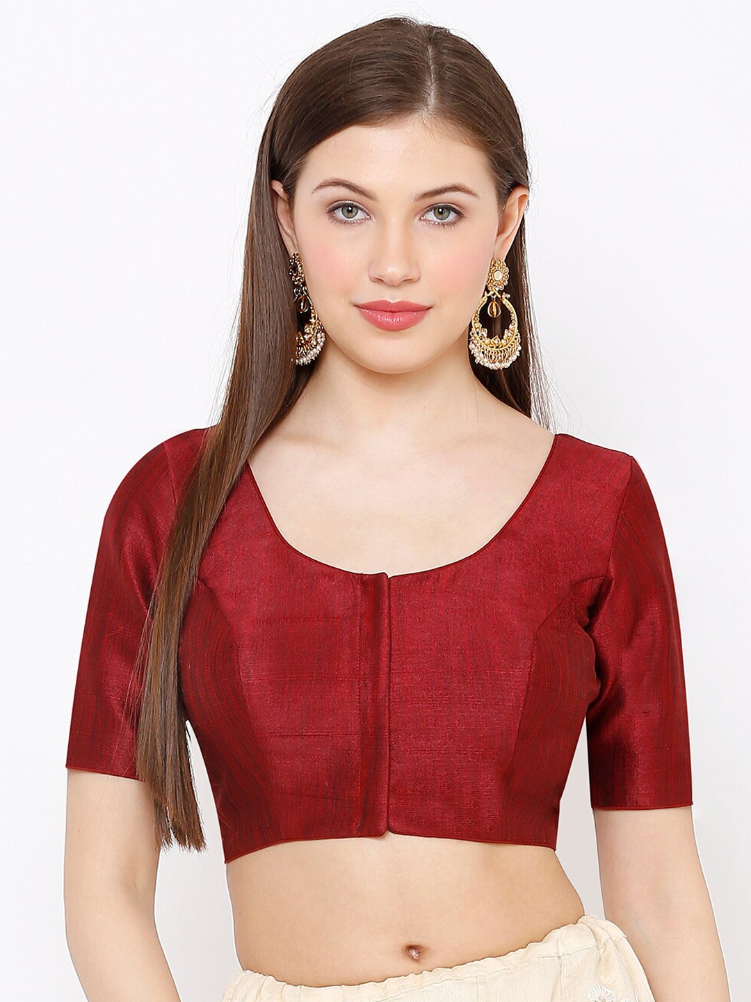 SALWAR STUDIO Women Maroon Solid Readymade Mulberry Silk Saree Blouse