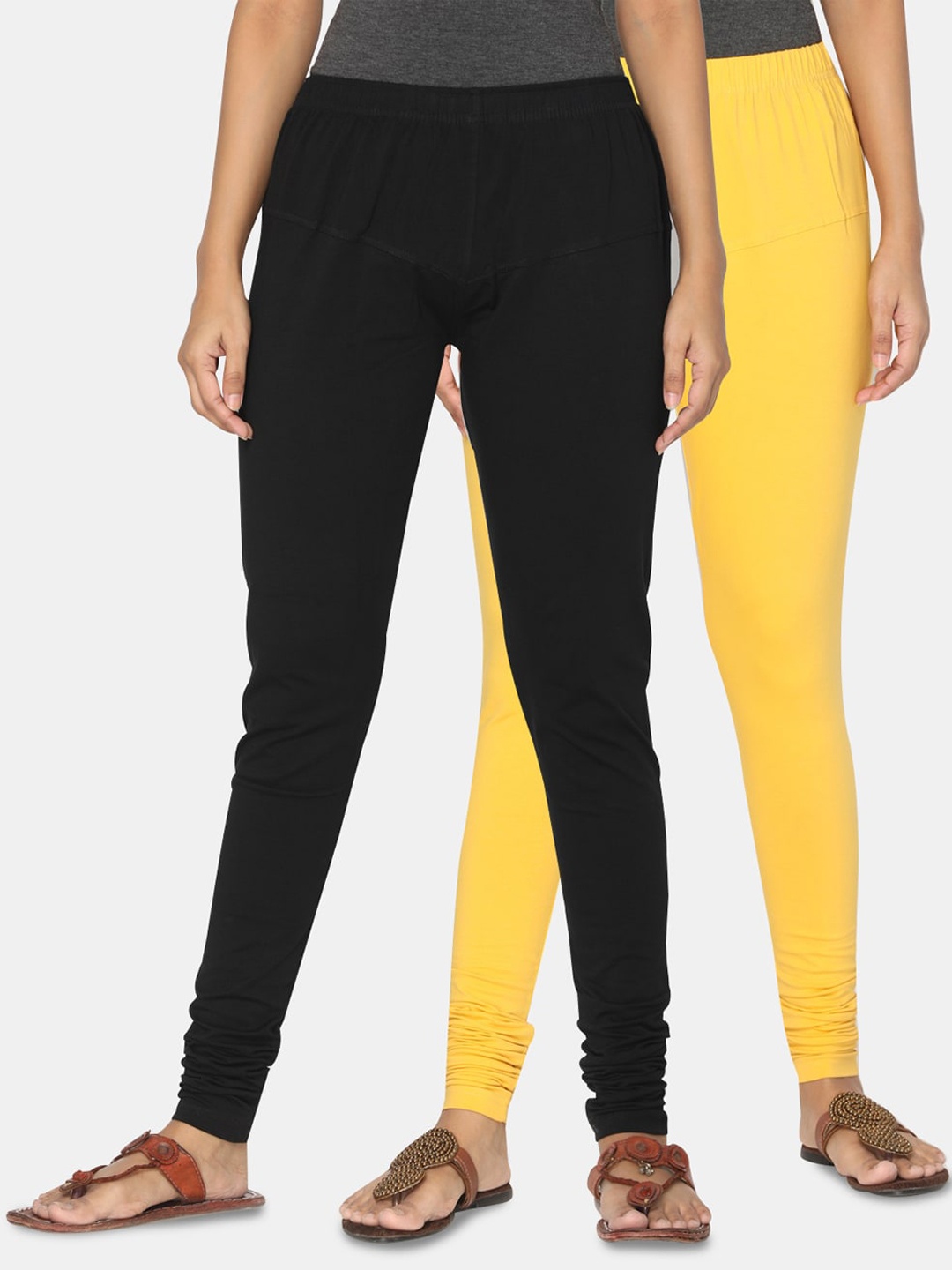 

TSG Bliss Women Pack Of 2 Black & Yellow Solid Churidar-Length leggings