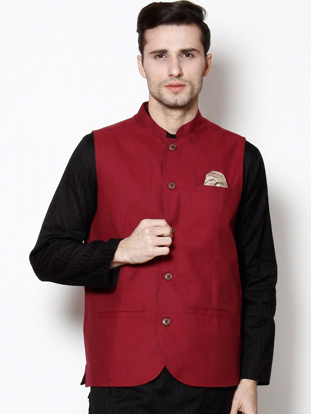 

even Men Maroon Solid Woven Nehru Jacket