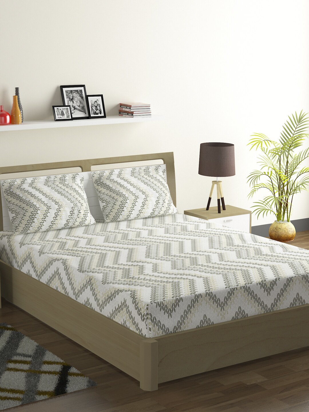 SWAYAM Grey & Green Abstract 160 TC Cotton 1 Queen Bedsheet with 2 Pillow Covers