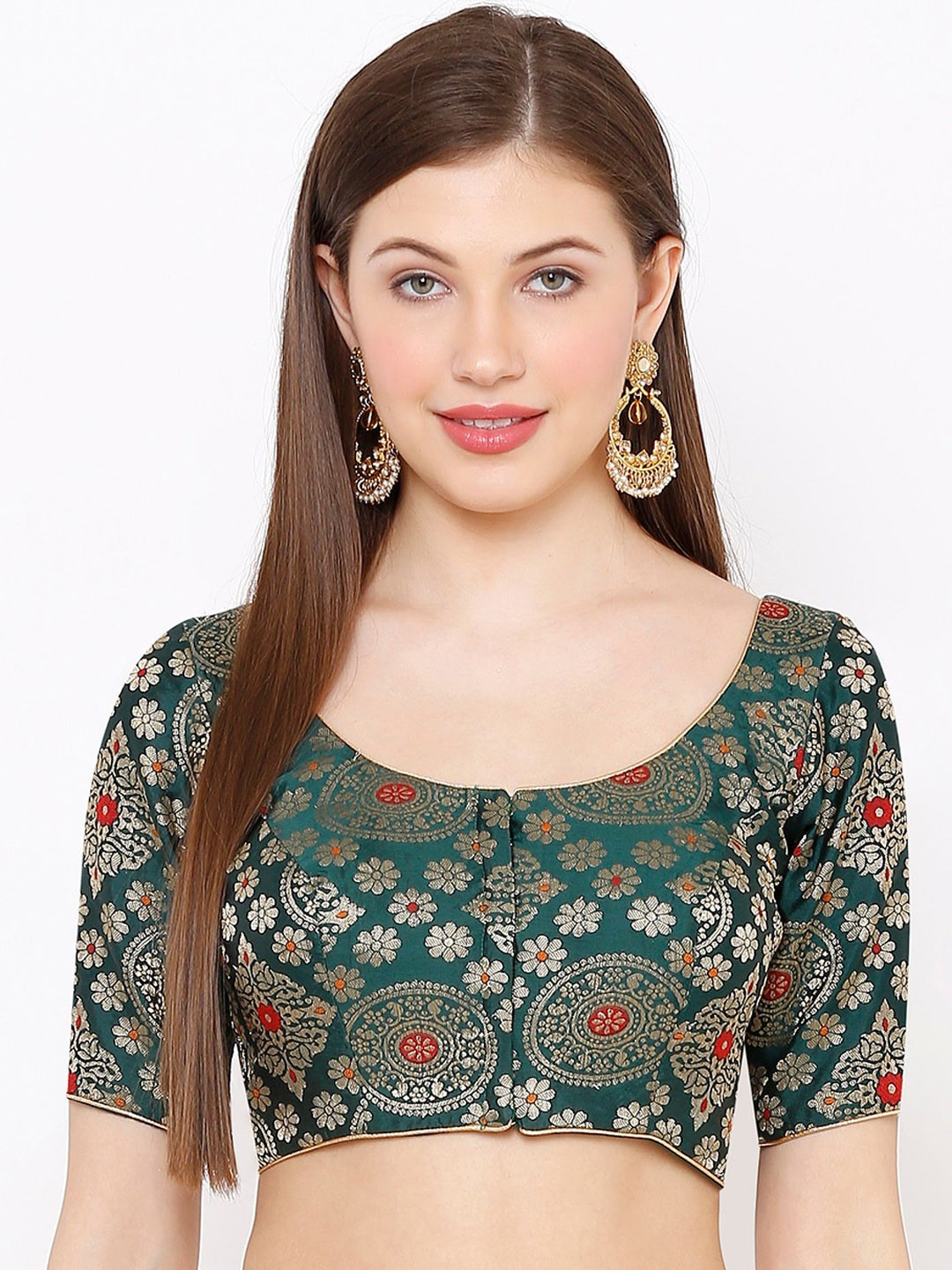 

SALWAR STUDIO Women Green & Gold-Coloured Woven Design Padded Saree Blouse