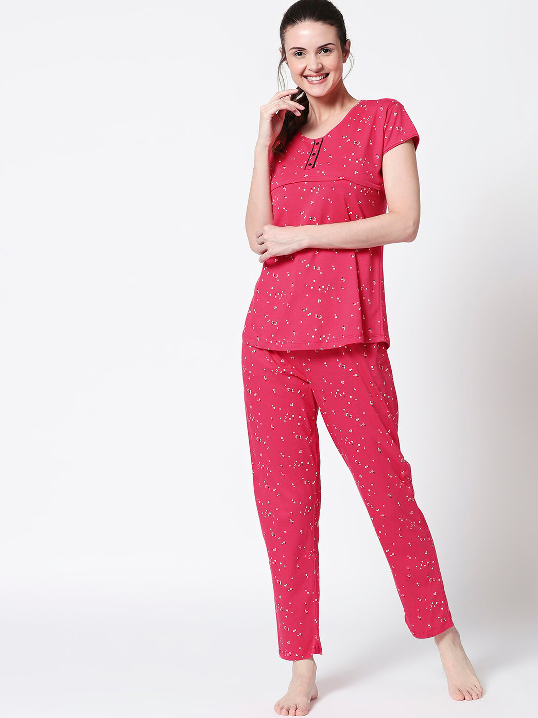 

Zeyo Women Red Printed Nursing & Feeding Night suit
