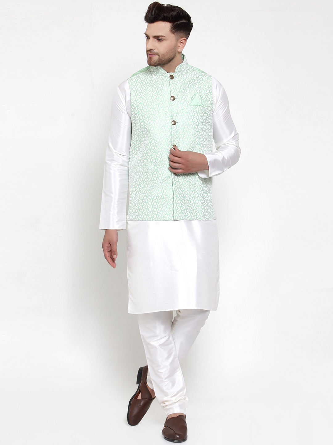 

Jompers Men White & Sea Green Solid Kurta with Pyjamas & Nehru Jacket