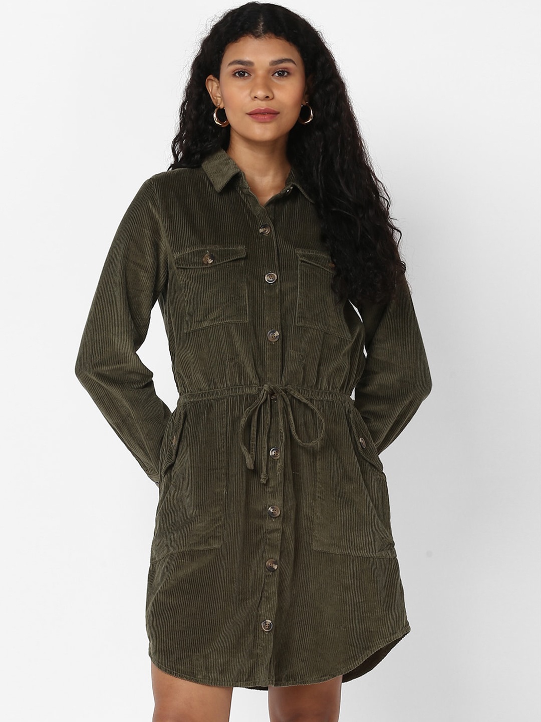 

AMERICAN EAGLE OUTFITTERS Women Olive Green Solid Shirt Corduroy Dress