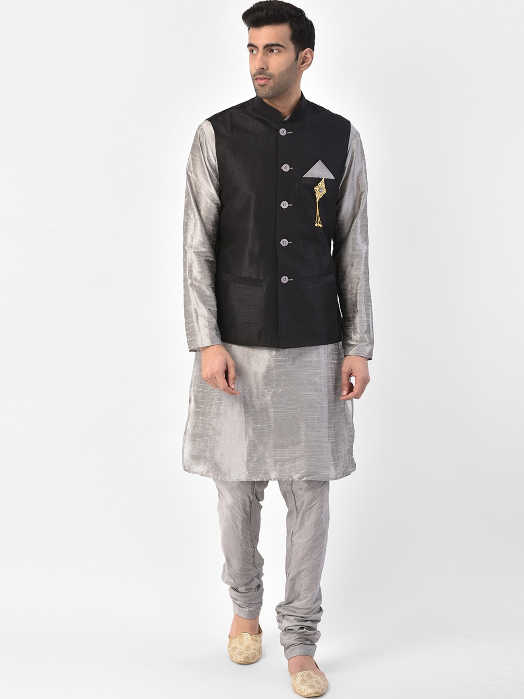 

SG LEMAN Men Grey & Black Solid Kurta with Churidar & Ethnic Jacket