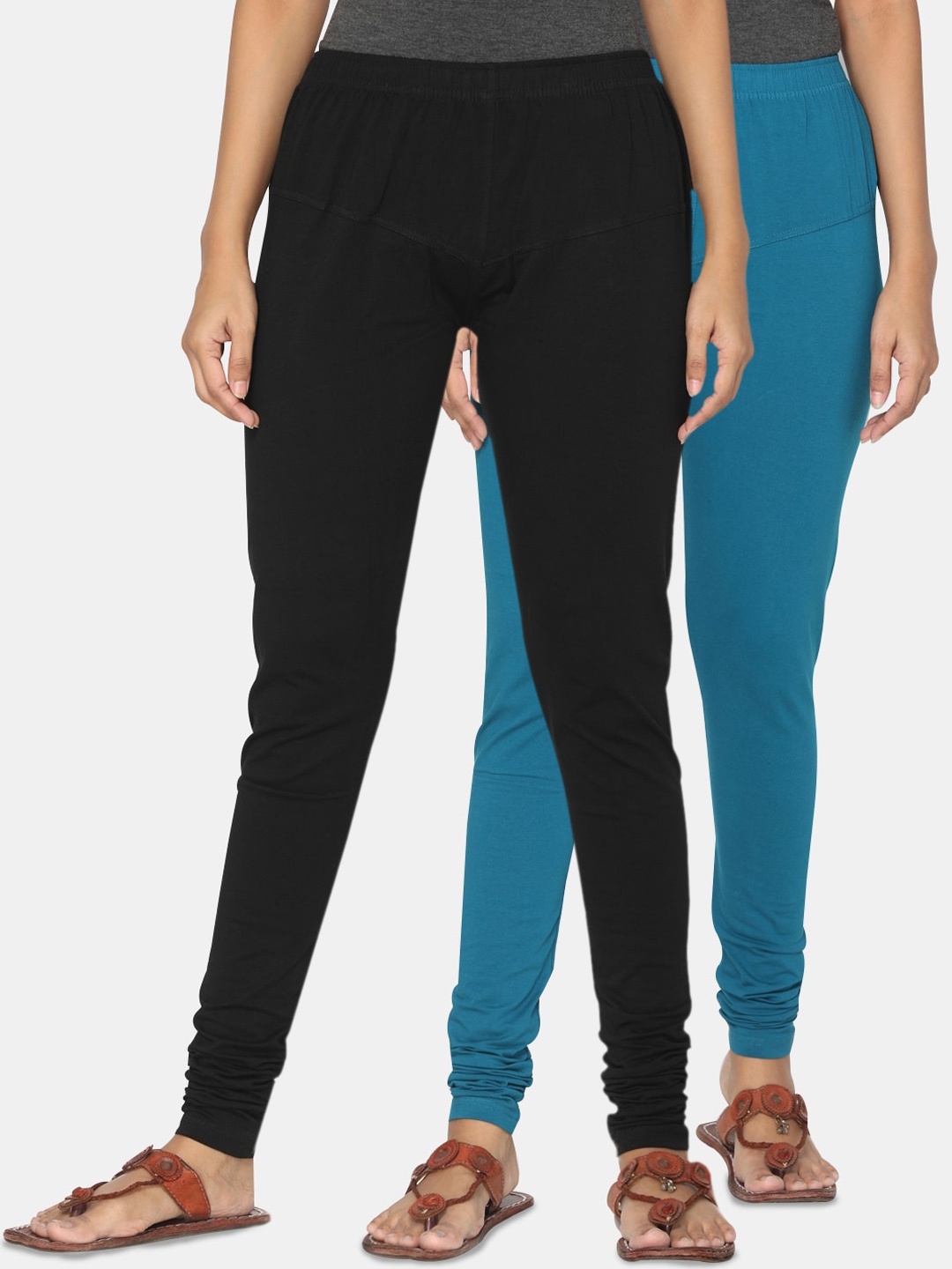 

TSG Bliss Women Pack Of 2 Black & Blue Solid Churidar-Length leggings