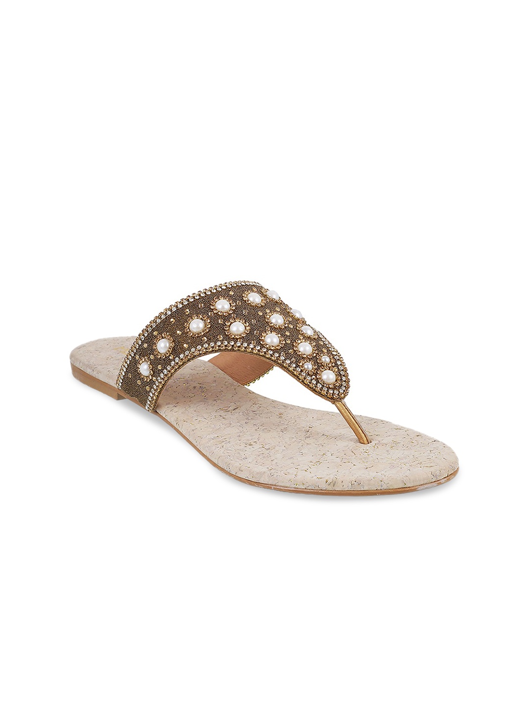 

Metro Women Gold-Toned Embellished T-Strap Flats