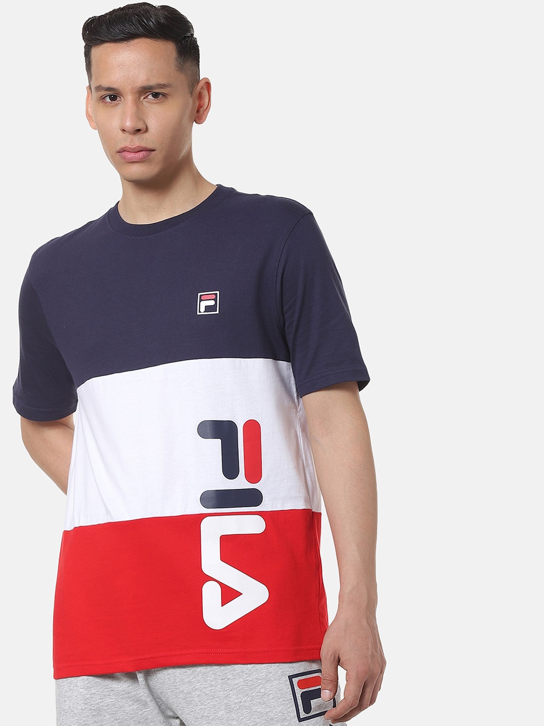 

FILA Men Navy Blue Colourblocked Round Neck T-shirt