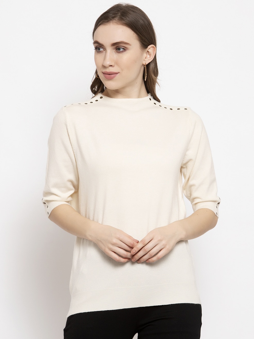 

Gipsy Women Cream-Coloured Solid Acrylic Pullover Sweater