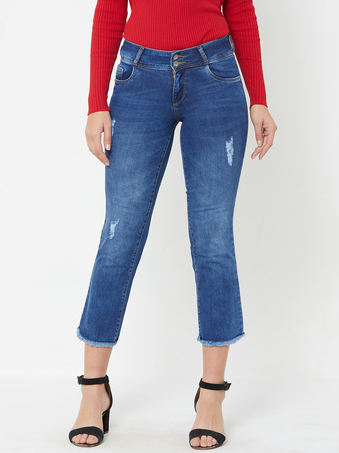 

Kraus Jeans Women Blue Flared Mid-Rise Low Distress Jeans