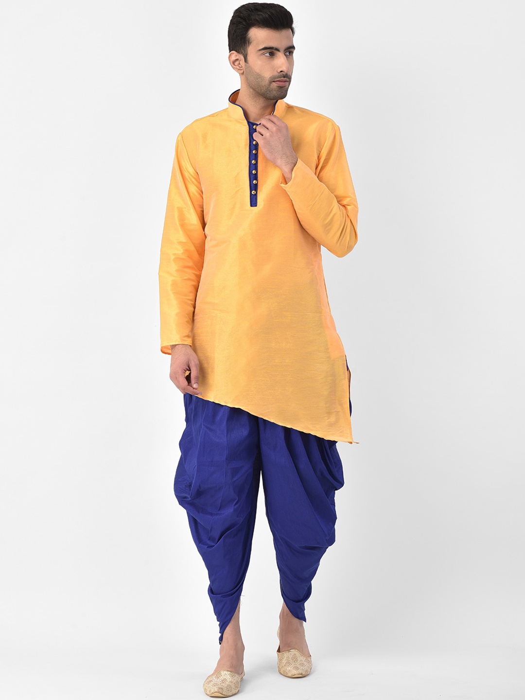 

SG LEMAN Men Yellow & Navy Blue Woven Design Kurta with Dhoti Pants