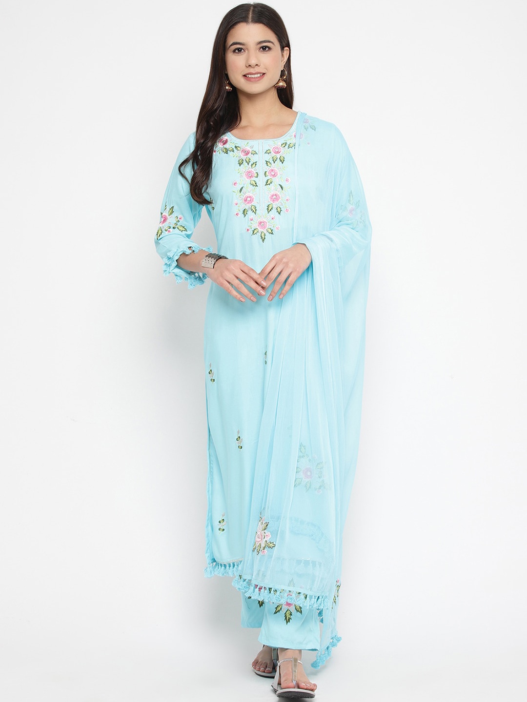 

Prakhya Women Blue Embroidered Kurta with Trousers & Dupatta
