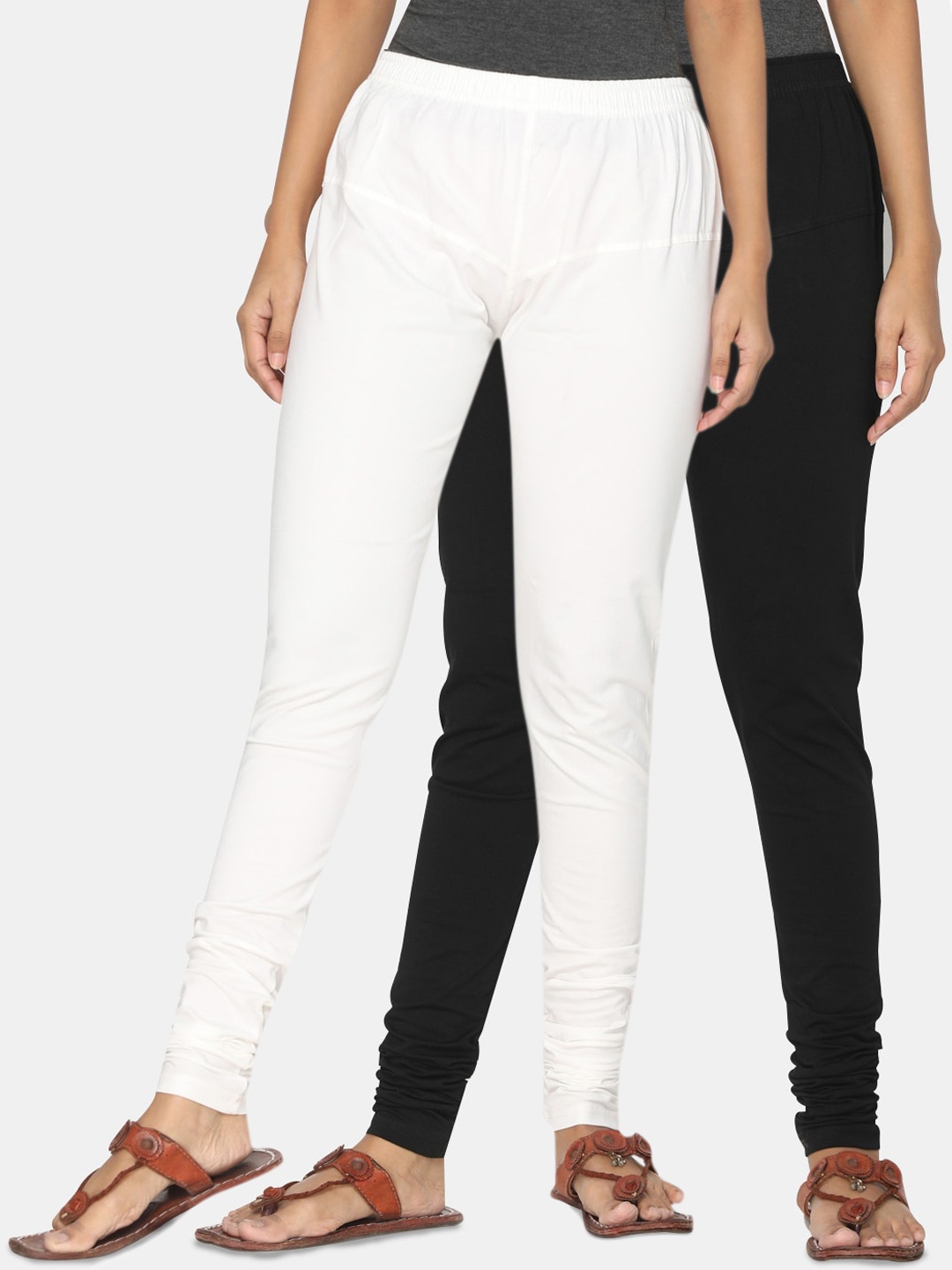 

TSG Bliss Women Pack Of 2 Black & Off-White Solid Churidar-Length leggings